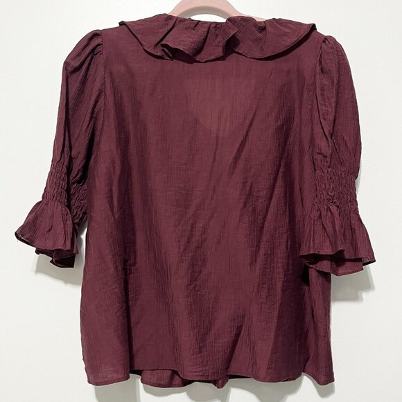 Laura Ashley Womens Puff Sleeve Blouse L Maroon Ruffle Dark Cottage Victorian - Picture 2 of 6